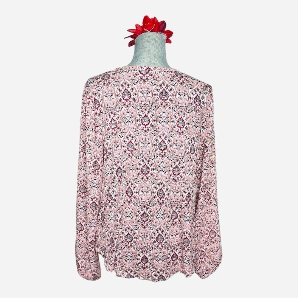 LOFT Large Red Pink Floral Blouse Keyhole Neck Long Sleeve Lightweight Top - Picture 4 of 13